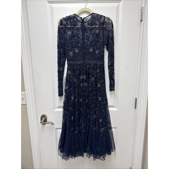 New MAC DUGGAL Size 2 Navy 10799 BEADED LONG SLEEVE A-LINE Cocktail Midi DRESS - Picture 8 of 11